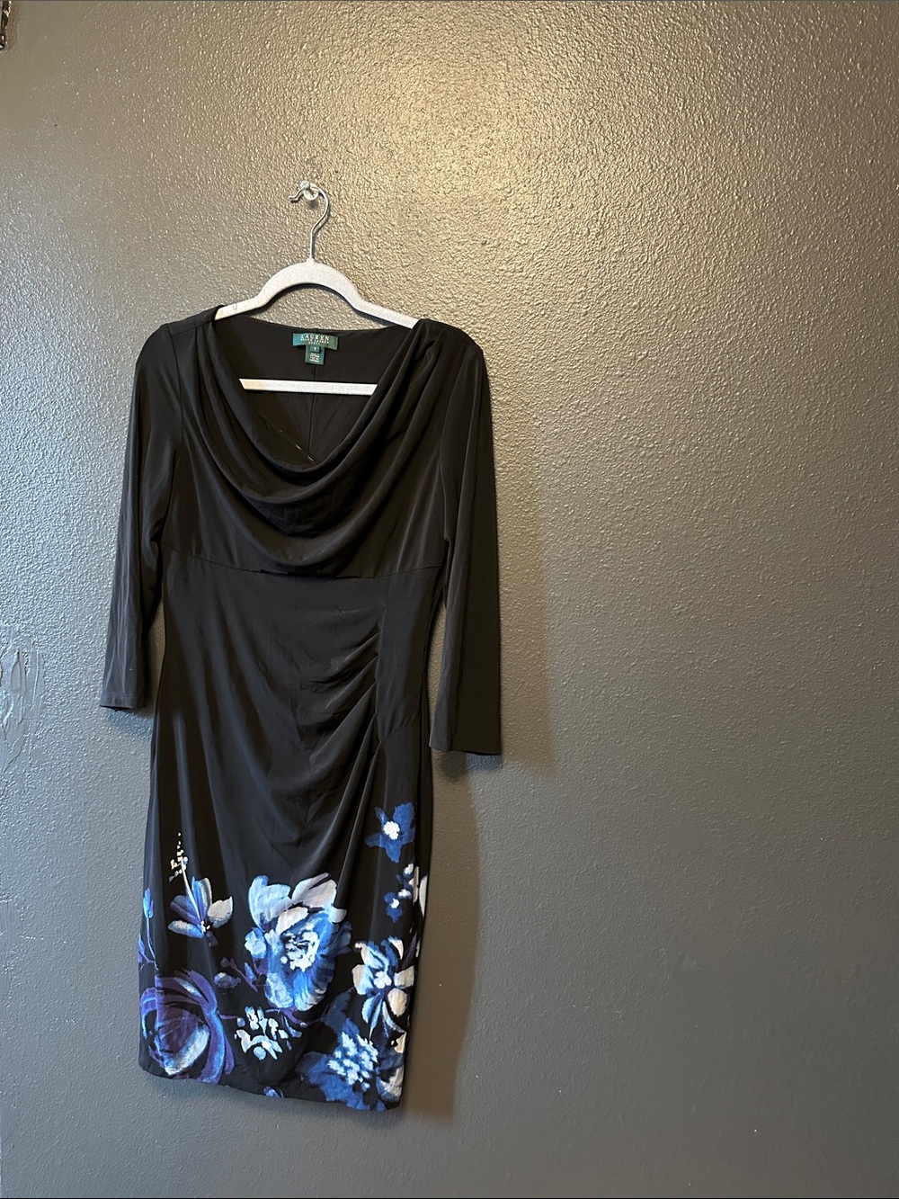 Ralph Lauren Black Cowl-Neck Floral Hem Dress